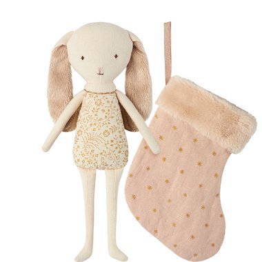 Doudou Lapin Ange dans sa Chaussette de Noël - Rose Poudré